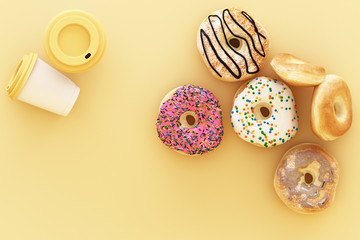 Colorful donut and coffee cup with pastel yellow background. 3d rendering