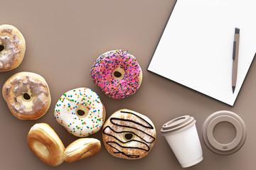 Colorful donut and coffee cup with clipboard on pastel background. 3d rendering