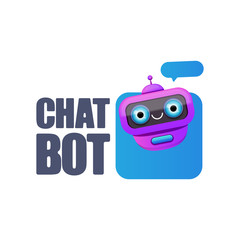cute chatbot character or intelligent assistant with speech bubble isolated on white background. Vector Funny robot assistant, chatter bot, helper chatbot logo or label