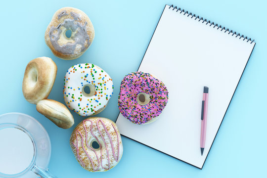 Colorful donut and milk cup with clipboard on white background. 3d rendering