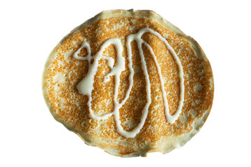 fresh baked thin pancake on white isolated background.