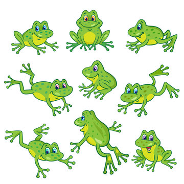 Set of nine funny frogs in various poses. In cartoon style. Isolated on white background.