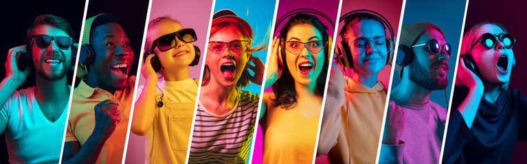 Beautiful female and male models on multicolored neon lights studio background. Facial expression,...