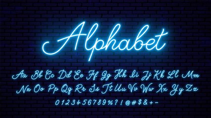 Neon blue letters. Bright neon glowing font, alphabet for signboard design, decoration and more. © Onabi