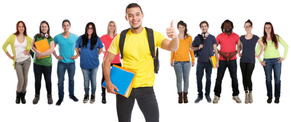 Group of students college student young success successful thumbs up smiling isolated on white