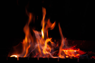 Fire bonfire. The flame of fire burns in an open furnace at night.