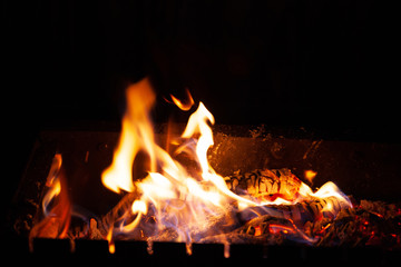 Fire bonfire. The flame of fire burns in an open furnace at night.