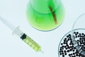 Syringe containing the chemicals contained within the Erlenmeyer flask, chemical and Petri dish has...