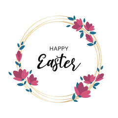 Happy Easter golden frame greeting card with flowers, vector illustration