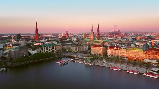 hamburg skyline aerial view drone flying up ascending at dawn