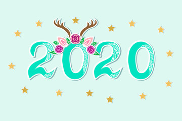 Vector Illustration 2020 with Deer Tiara as Happy New Year postcard, party invitation, postcard motive, Merry Christmas card.