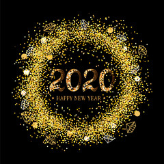 Obraz premium 2020 Happy New Year. 2020 celebration text on black background with golden confetti. Vector illustration isolated on background. Postcard motive.