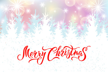 Obraz premium Merry Christmas card with fir-trees. Handwritten lettering Merry Christmas. Place for text. Vector illustration for winter holiday, Happy New Year, invitation, greeting card, poster, web, banner.