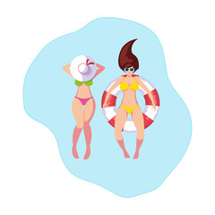 girls with swimsuit and lifeguard float in water