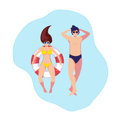 young couple with swimsuit and float in water