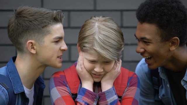 Spiteful high school students teasing boy, calling names, face-to-face bullying