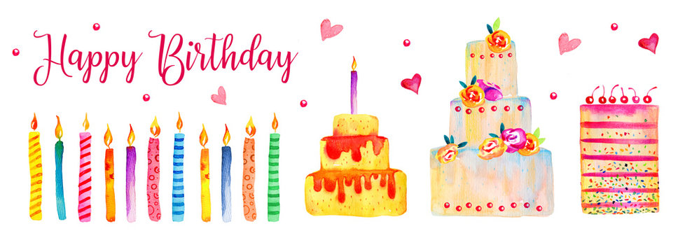 Birthday cakes and candles set. Stylized watercolor hand drawn cartoon illustration elements