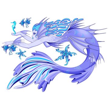 Mermaid Purple Fairy Creature isolated on white Vector illustration