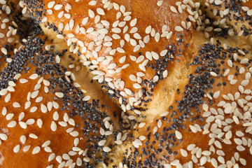 Sweet plaited challah as background, closeup. Fresh bread