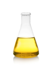 Conical flask with color liquid on white background. Solution chemistry
