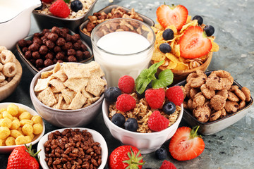 Cereal. Bowls of various cereals, berries and milk for breakfast. Muesli with kids cereals.
