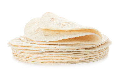 Stack of corn tortillas on white background. Unleavened bread