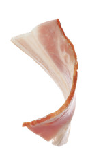 Cut fresh tasty bacon on white background