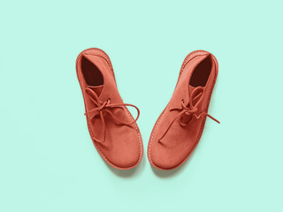 Brown coral men's suede shoes are on the background of green pastel color. Flat lay, top view minimal fashion composition.