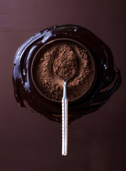 Cocoa or cacao beans and powder, used in hot chocolate drink, chocolate, butter and solids close up