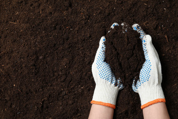 Woman holding fertile soil in hands, closeup with space for text. Gardening season