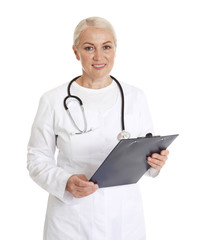 Portrait of female doctor with clipboard isolated on white. Medical staff