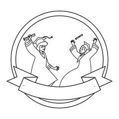 young couple students graduated celebrating in circular frame