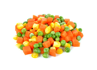 Mix of vegetable containing carrots, peas, and corn on white background