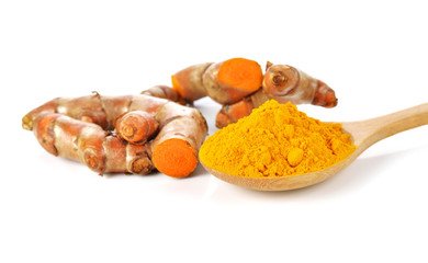 Turmeric powder and turmeric isolated on white background.