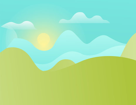 Green hills and blue sky with bright shining sun vector landscape. Spring scenery with mountains color outdoor background in flat design cartoon style