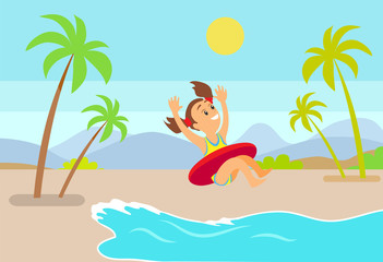 Happy smiling girl wearing swimsuit jumping in water with hands up. Summertime landscape, teenager in inflatable circle, mountains and palm trees, vector