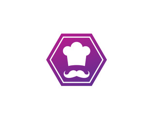 Cooker with mustache smile and wear a big hat logo design illustration in a shape
