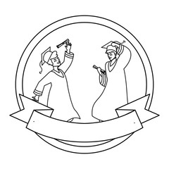 happy students boys graduated celebrating in circular frame