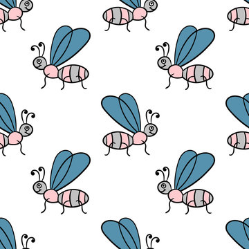 Seamless pattern with cartoon doodle linear midge, fly. Childlike insect background. Vector illustration.  