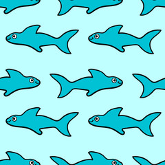 Seamless pattern with cartoon doodle happy shark. Ocean background. Vector illustration.  