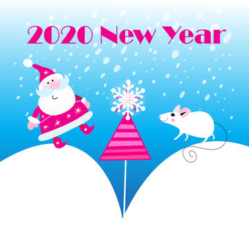 Vector New Year's holiday card with a white mouse and Santa Claus