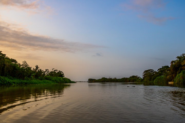 A wide, shallow river flows calmly through the deep South American jungle at blue violet dusk