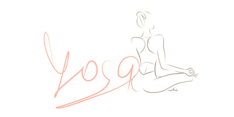 Young woman in Lotus position, yoga, handwritten text. Sketch, vector