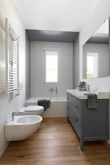 interior shots of a modern bathroom whose floor is made of wood in the foreground the sink cabimet and the bidet, in the background the bathtub