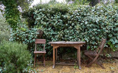 Wooden furniture in the garden