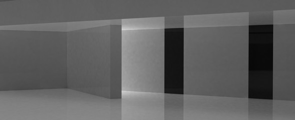 Render de pasillo con resplandor de iluminación. Fondo de estudio de concreto con lineas de colores, diseño abstracto y minimalista
