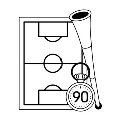 Soccer playfield with horn and timer symbols in black and white