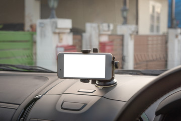 mobile phone with map gps navigation in car.