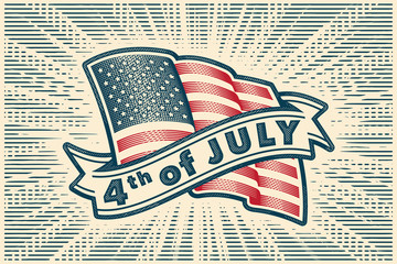 Fourth of July ( USA Independence day ) - vector illustration with shining American flag and ribbon in vintage engraving style.