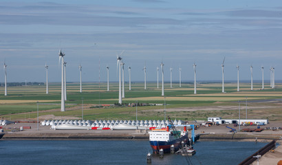 Windmills in Eemsmond. Delfzijl. Netherlands. Green energy. Waddenzee coast, Harbour